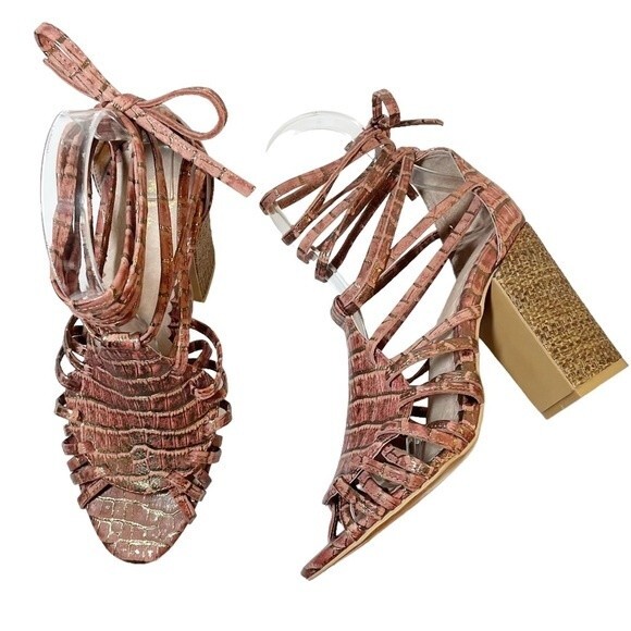 Anthropologie Miss Albright Ankle Wrap Strap Boho Sandals Blush Leather Size 6.5 - Picture 16 of 16